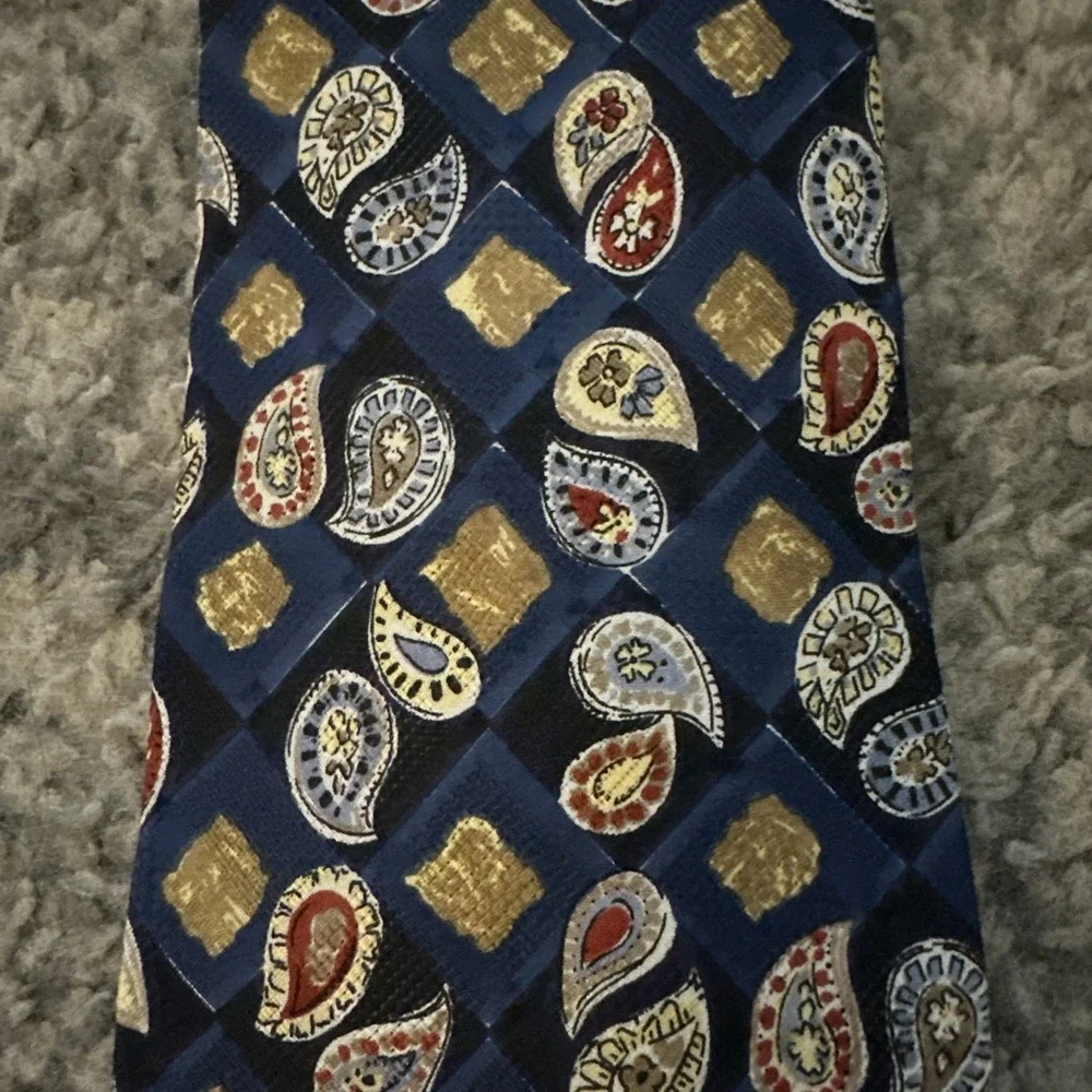VTG Christian Dior Logo LUXURY Neck Tie Blue Geometric Dots Silk Paisley